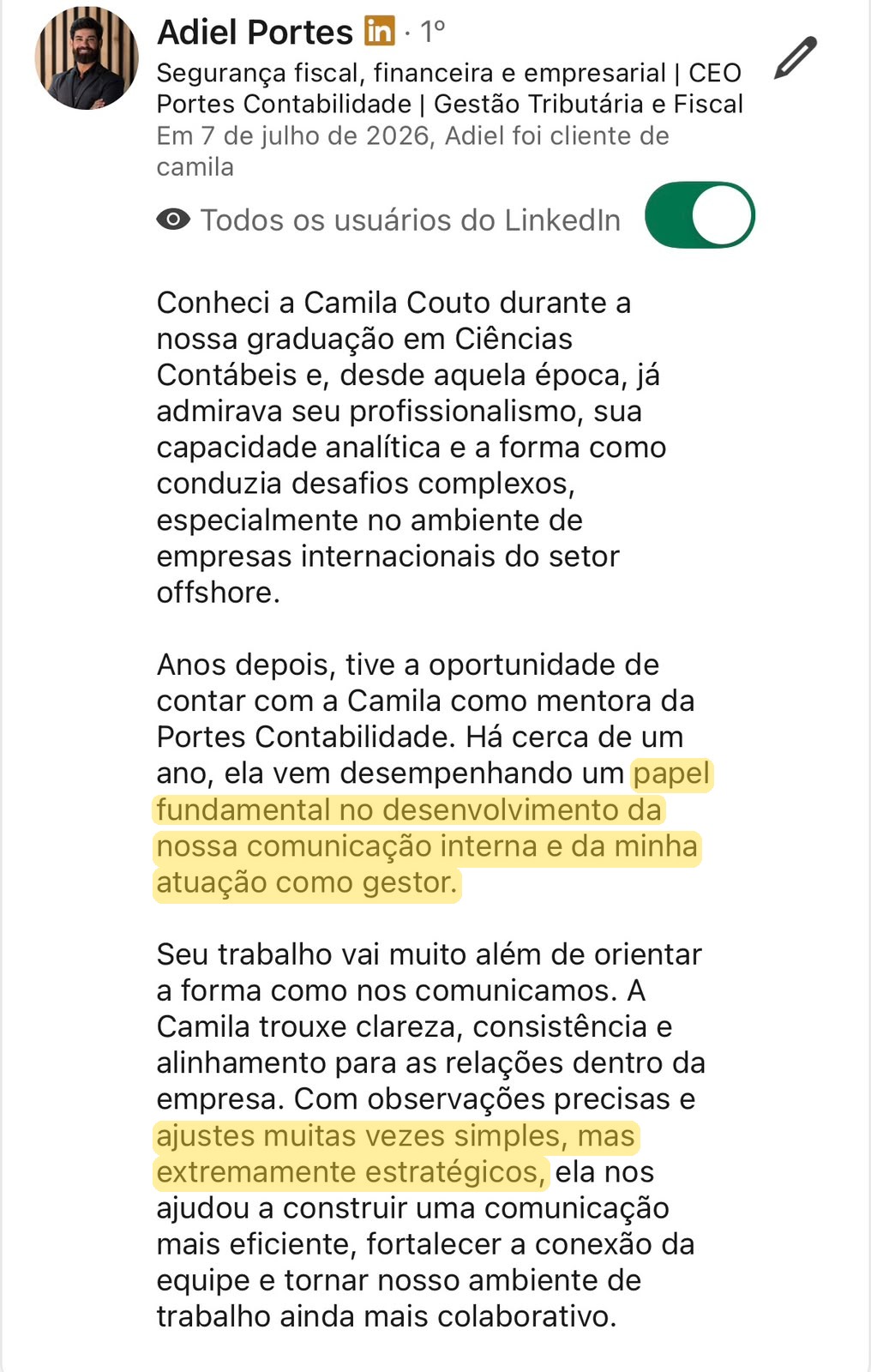 Print do depoimento de Adiel Portes